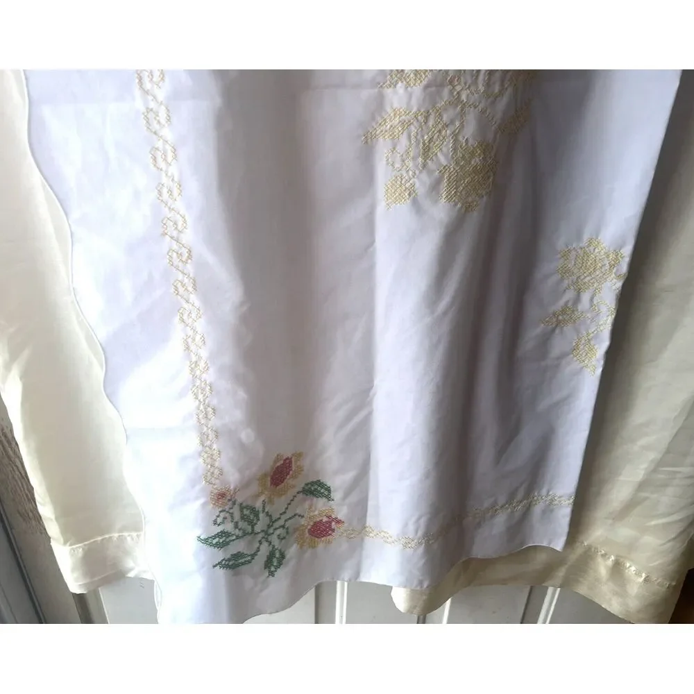 Vintage Hand Cross Stitch Floral Table Runner Tablecloth Scalloped Edge 48x24‎